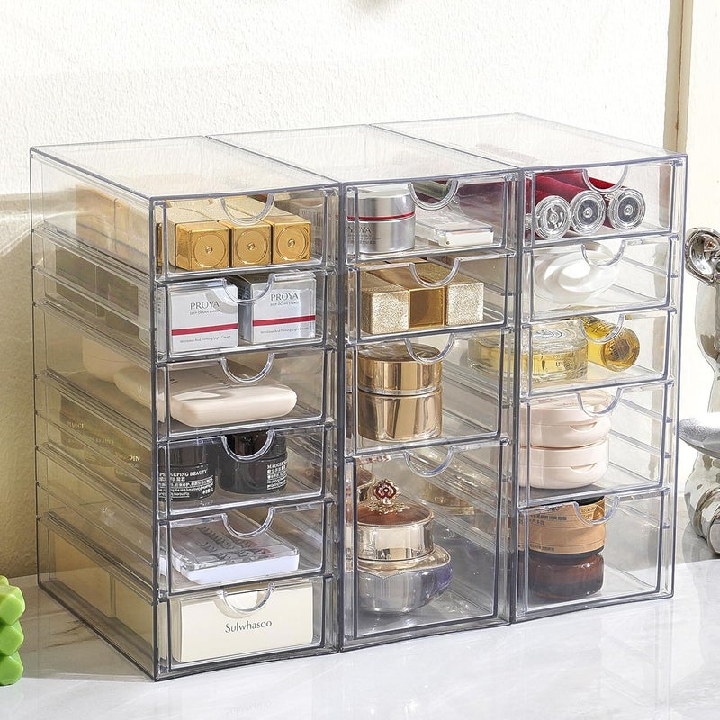 Prsildan Acrylic Drawer Organizer with 15 Drawers, Makeup Craft Office Desk Organizers Accessories, Set of 3 Clear Stackable Storage Drawers for Vanity, Countertop, Jewelry, Art Supply Organization - Image 2